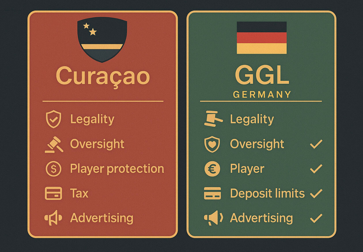 Infografik: Vergleich zwischen Curaçao- und GGL-Lizenz hinsichtlich Legalität, Aufsichtsbehörde, Spielerschutz, Steuerregelung und Werbevorgaben
